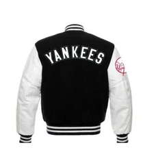 VARSITY JACKET BLACK WOOL REAL LEATHER SLEEVES BOMBER JACKET