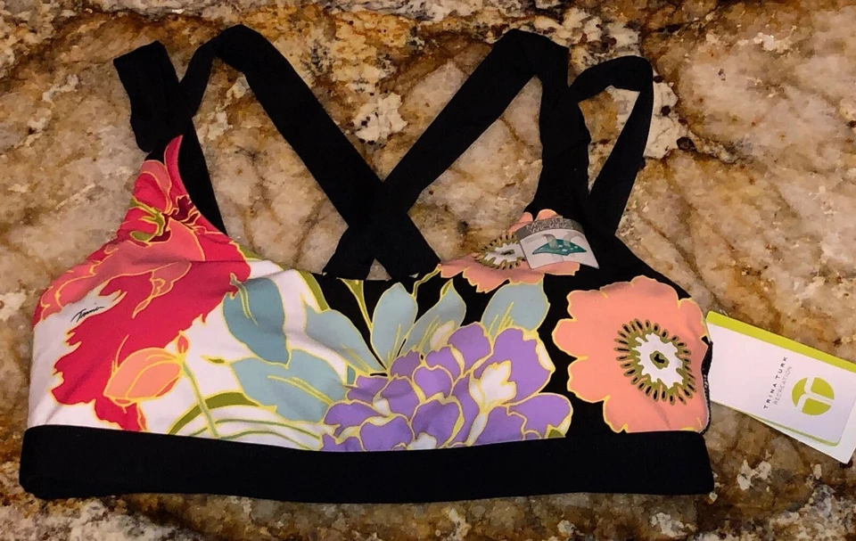 Sujetador deportivo TRINA TURK Royal Garden floral negro rosa agua blanco NUEVO para mujer talla XS Foto 3 de 4