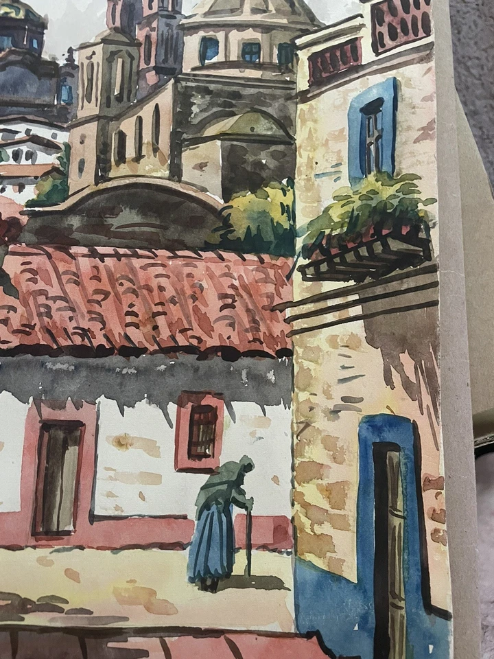 Acuarela Colonial Española Original Díaz Vintage México Estate Set Foto 4 de 4