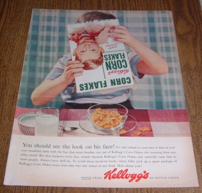 1954 PRINT AD ~ KELLOGGS CORN FLAKES CEREAL SMALL BOY EATING BREAKFAST EMPTY BOX
