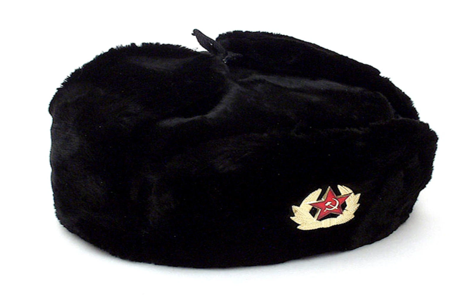 RUSSIAN AUTHENTIC BLACK USHANKA MILITARY HAT WITH SOVIET ARMY EMBLEM
