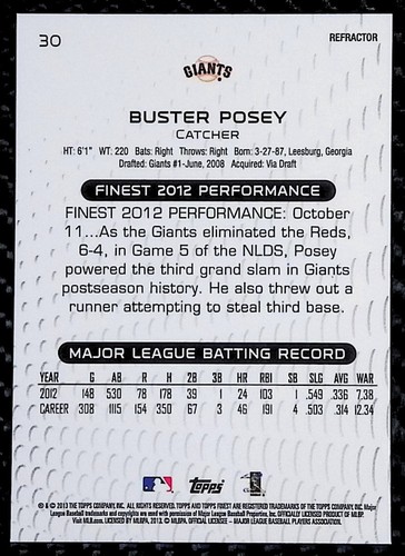 Buster Posey - 2013 Topps Finest #30 Refractor - Giants - Picture 2 of 3
