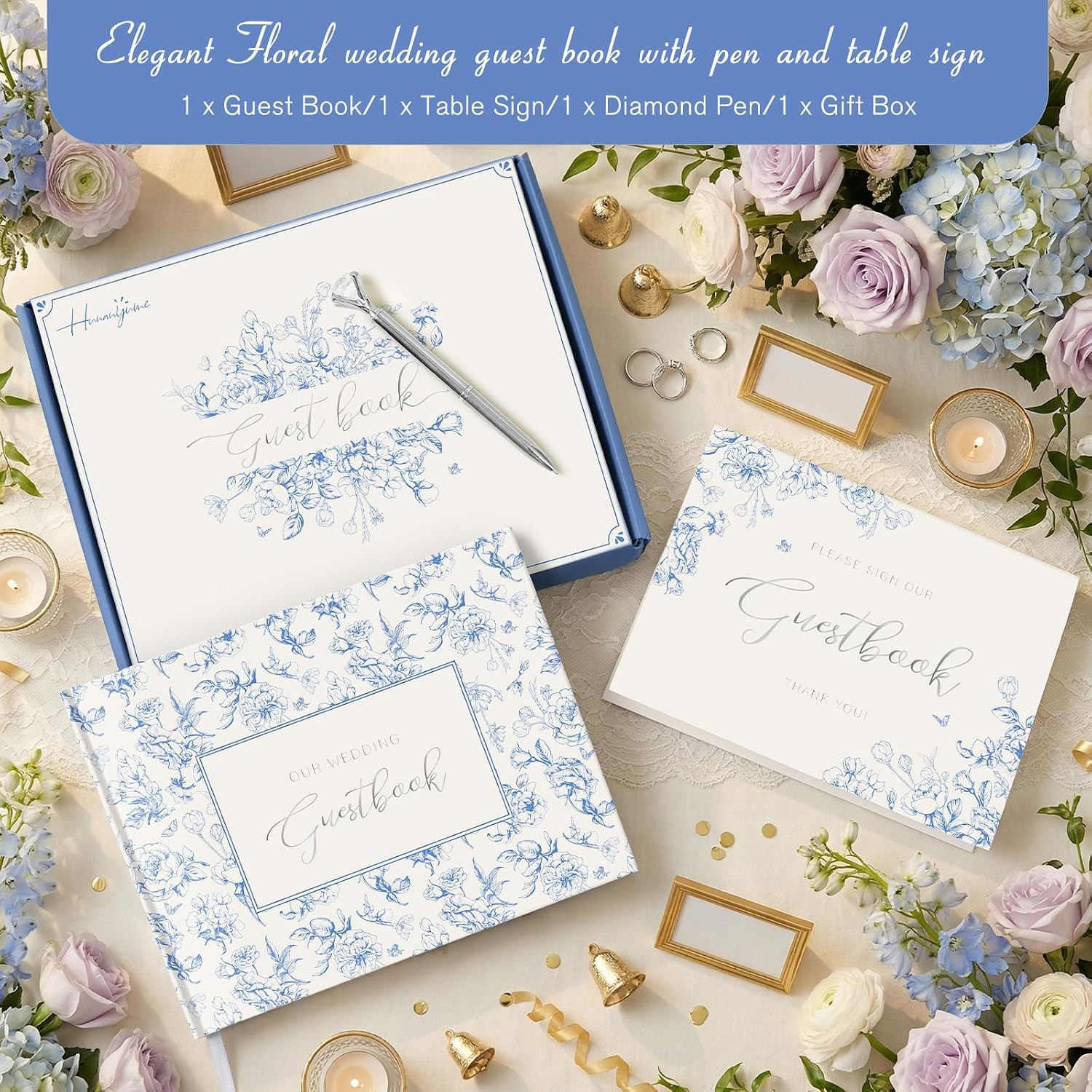 как выглядит Blue Floral Wedding Guest Book Hardcover with Pen - 9X7 Inch 144 Pages Sign in B фото