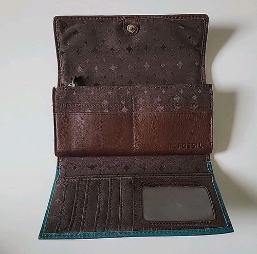 Fossil Maddox Teal Leather Tri Fold Clutch Card Wallet Boho Organizer Floral - Picture 6 of 14