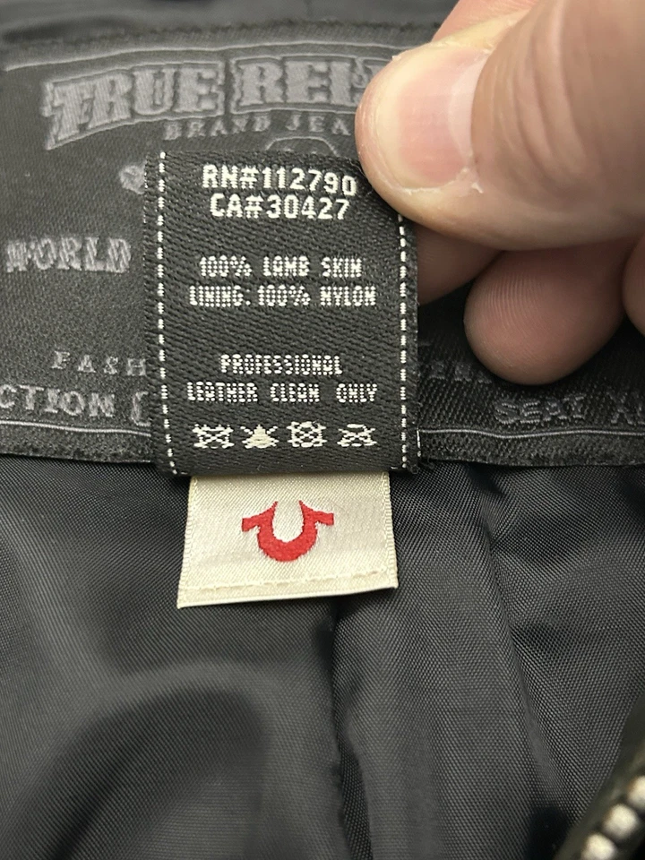 Chaqueta de Cuero True Religion Para Hombre XL Negra Piel de Cordero Motociclista Estilo RN112790 Foto 3 de 4