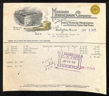 1935 Missouri Meerschaum Co Corn Cob Pipes Washington, MO Billhead w/ Vignettes