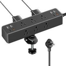 Flat Plug Desk Clamp Power Strip 15FT, 40W Total Fast Charging black