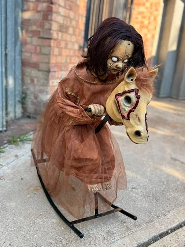 Creepy Haunted Girl Rocking Horse Animatronic Halloween Horror Prop Decoration