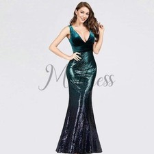 Flare Sexy V Neck Velvet Ombre Sequin Floor Length Evening Prom Party Dress