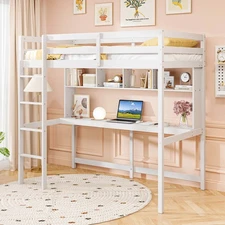 Twin Size Loft Bed w/ Desk & Shelves Safety Guardrails & Ladder Storage