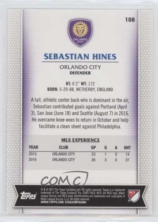 2017 Topps MLS Sebastian Hines #108 Rookie RC - Image 2 of 2