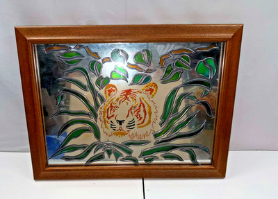 Vintage LUMINART handgravierter Tiger Spiegel - Buntglas Stil Wandbild 90er