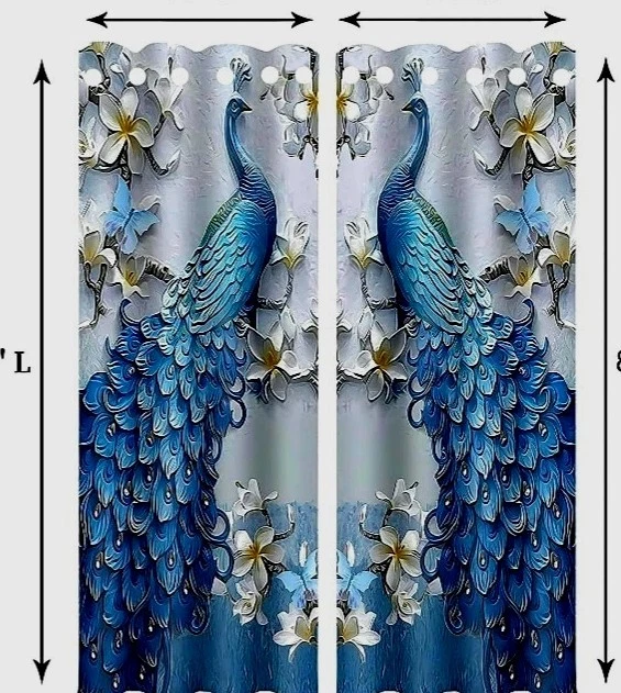 Blue Peacock Theme Grommet Top Curtains Blackout 42"W x 64"L Each Panel (2) NEW