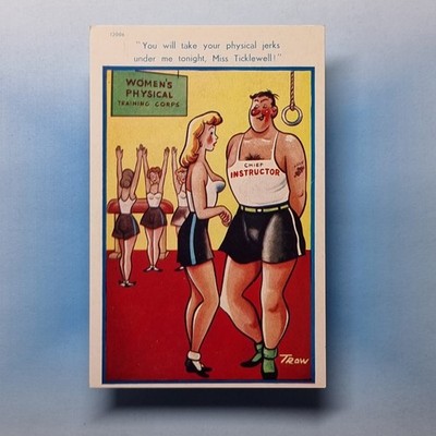 Freche Comic Postkarte um 1965 Tattoo Liebe blonde Brüste Fitnesslehrer