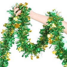 32.8ft St. Patrick's Day Tinsel Garland, Gold Green Irish Shamrock Hat Tinsel Ga