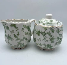 Grace Teaware Greeny Garden Fine Porcelain Sugar & Creamer Set Gold Rim New B97