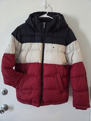 Tommy Hilfiger Hooded Puffer Jacket Mens Medium Quilted Red White Blue Cuff Slvs