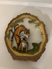 Tiger And Cub Faux Wood Bark Carved Resin Sculpture 2 Tigers Decor Display