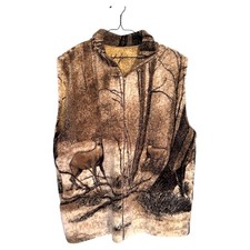 Vintage 90's Deer Forest Scene Fleece Vest Cabin Core Animal Print Sleeveless