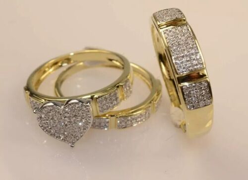 3Ct Lab-Created Diamond His Her Trio Wedding Ring Set 14k Yellow Gold Plated - Picture 3 of 12