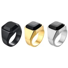 Plated Mens Stainless Steel Black Stone Ring Signet Wide Wedding Band Size #7-13