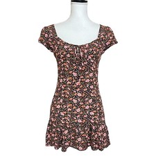 Elodie NWT Mini A Line Dress Sz S Floral Puff Slv Ruffled Tie Front Milkmaid