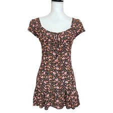 Elodie NWT Mini A Line Dress Sz S Floral Puff Slv Ruffled Tie Front Multicolor