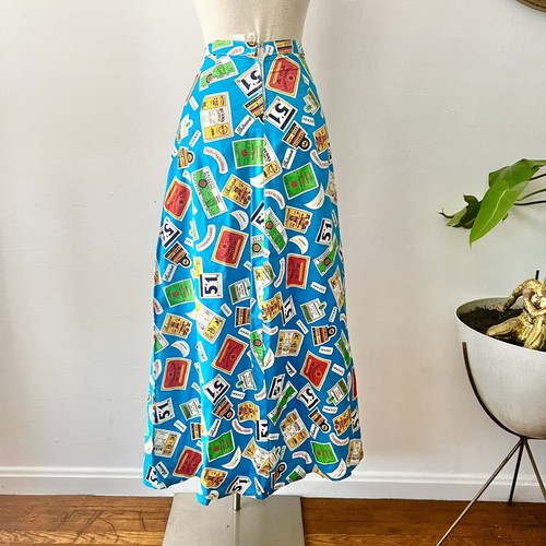 COGNAC & Whiskey 60s 1960’s Vintage Novelty Print A-Line Turquoise Maxi Skirt XS - Picture 5 of 12
