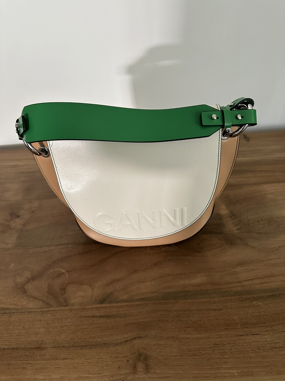 GANNI Colorblock Banner Crossbody Saddle Bag Green/Wh… Gem