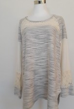 Style  Co Women's Lace Yok Sleeve Scoop Neck Sweater Long Sleeve Marled Gray M