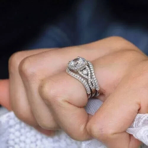 2.5Ct Real Moissanite Women's Halo Wedding Bridal Ring Set 14K White Gold Plated - Picture 3 of 5