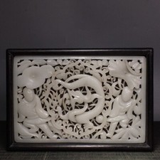 Collectible Chinese Sandalwood inlay white jade stone Hollow out dragon box