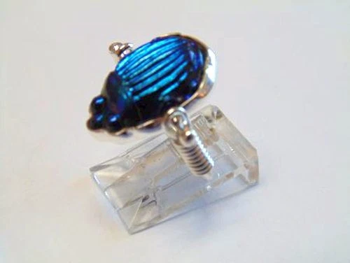 ANTIQUE L C TIFFANY COBALT BLUE FAVRILE ART GLASS SCARAB STERLING SWIVEL RING