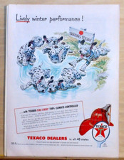1955 magazine ad for Texaco - Lively Winter Performance Dalmatian puppies on ice