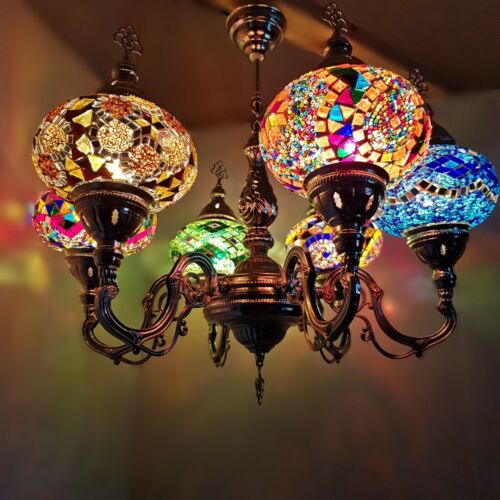 Turkish Moroccan Silver 6 Bulb Glass Mosaic Colourful Chandelier Lamp Light - Afbeelding 1 van 7