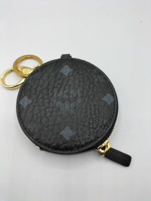 MCM Visetos Monogram Coin Purse Round Mini Wallet Black Leather Zip Damen