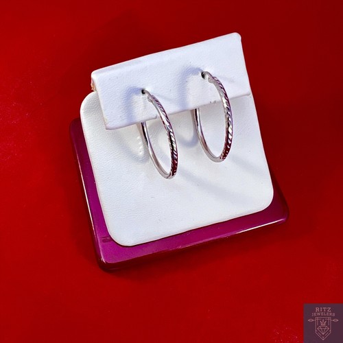 14k White Gold Hoops With Diamond Cut - Picture 2 of 4