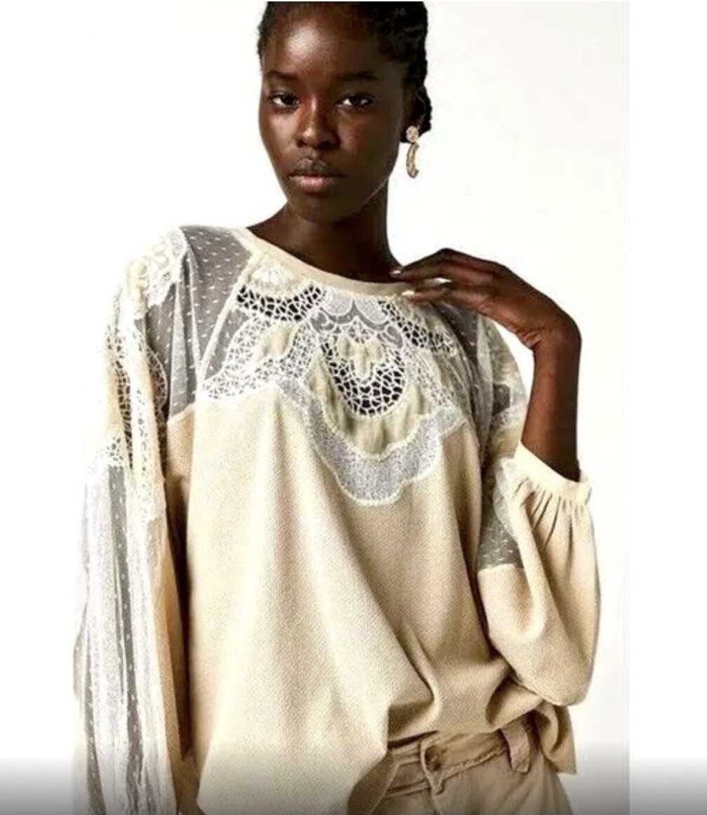 Free People Toni Lace Sheer Embroidered Long Sleeve Top in Oatmeal Sz S