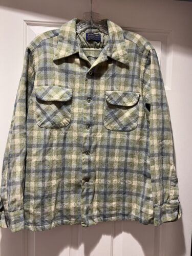 Chemise VINTAGE boutonnée pendleton garçon grande chemise plaid verte 100 % laine vierge années 60 - Photo 1/5