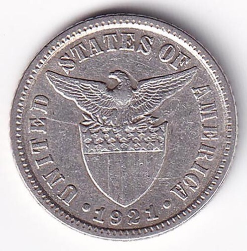 1921 Stati Uniti Filippine 10 CENTAVOS Stati Uniti d'America Moneta Argento Z38 - Foto 1 di 5