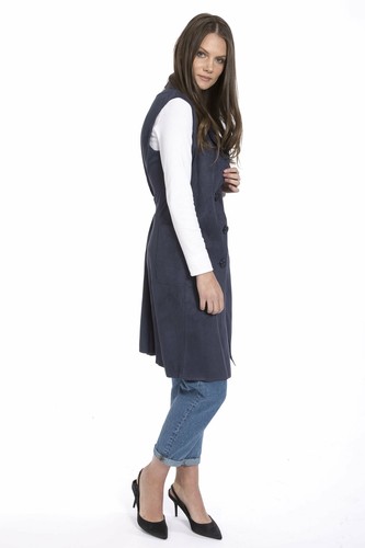 JAYLEY Navy Faux Suede Long Length Gilet One Size - Picture 5 of 6