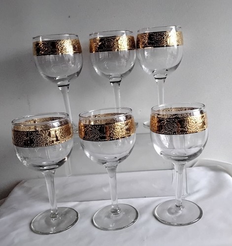 Vintage Culver Tyrol wine glasses Stem Goblets 22K Gold band Rim Set Of 6 MCM - Picture 4 of 4