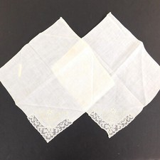 Vintage Linen Lot 2 Hankies Corner Embroidered Flowers Lace Trim Hankerchiefs