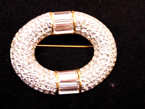 Vtg 80s Swarovski Crystals Encrusted Oval Brooch Pin Gold Plated Pave Signed SAL - Picture 5 of 5