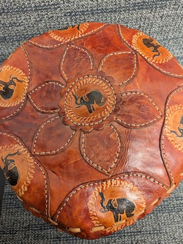 Vintage Hand Tooled Moroccan Leather Ottoman Foot-Stool Pouffe 14" - Picture 5 of 11