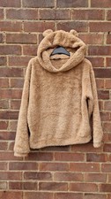 SHEIN Teddy Fleece Hoodie Beige Brown Size M Soft Cozy Bear Ears Jumper