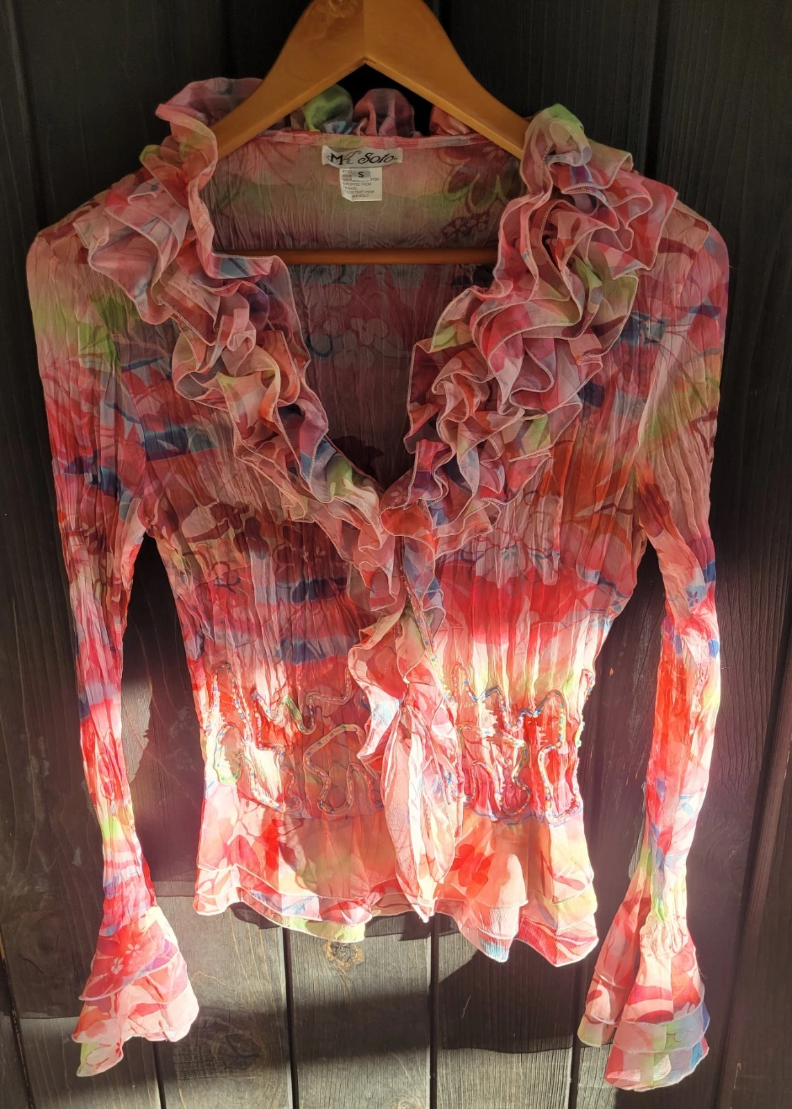 MK Solo Jacket Cardigan Shirt Top Floral Print Button Tie sheer Ruffle S small