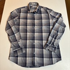 Calvin Klein Men  s Size Med Navy Blue Plaid Button Down 100 Cotton Shirt