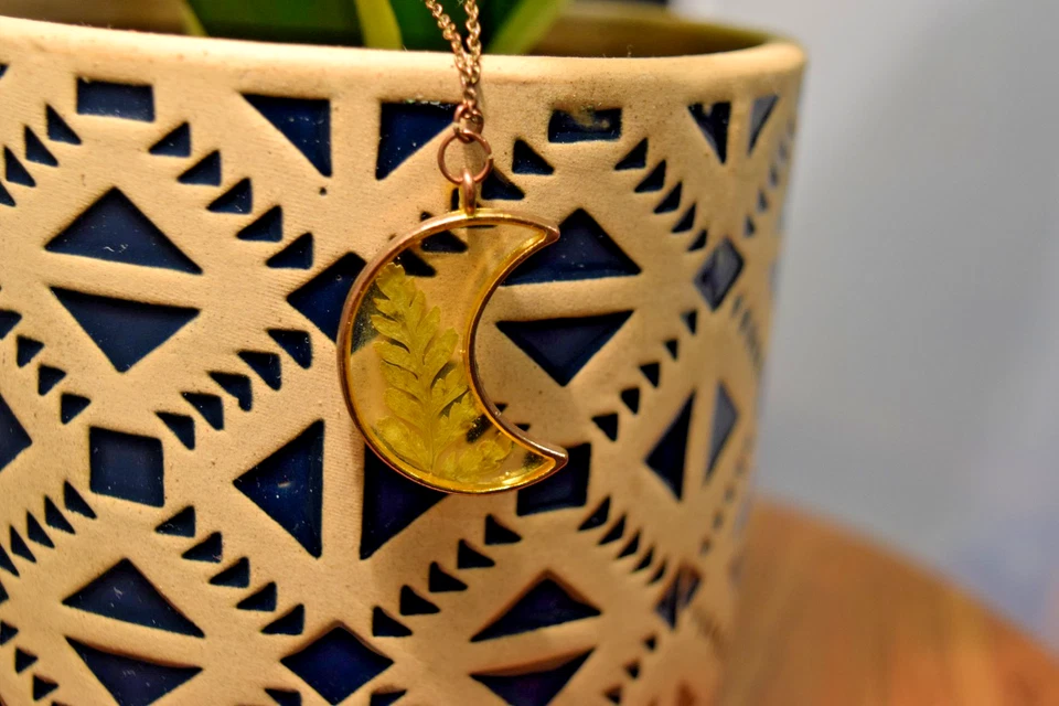 Handmade Resin Crescent Moon Necklace with Real Fern Pendant & Gold Chain - Image 2 of 2
