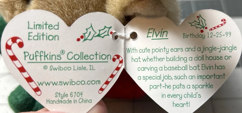 VTG 1994 Swibco Puffkins Elvin Plush Holiday Elf  6 Inch With Tag - Image 4 of 4